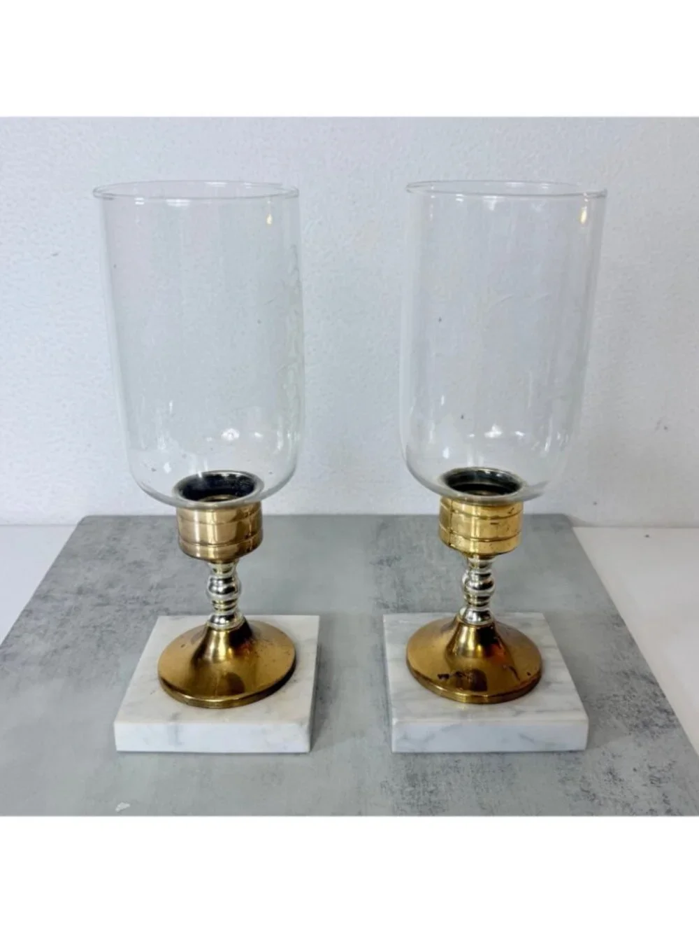 Vintage Italian Hurricane Candle Holder Set of 2 Brass Marble Etched Glass Pair